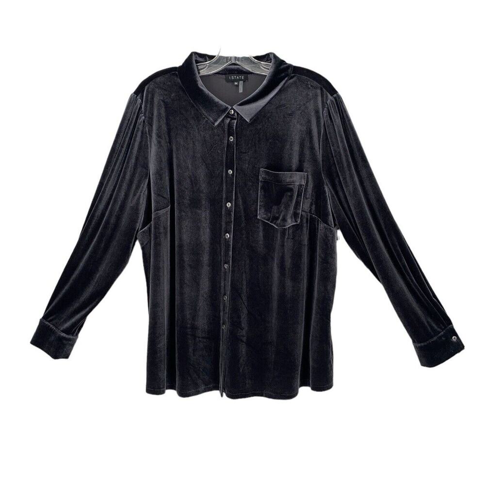 NWT Womens Plus Size 3X 1.STATE Lunar Navy Stretch Velvet Button Down Top